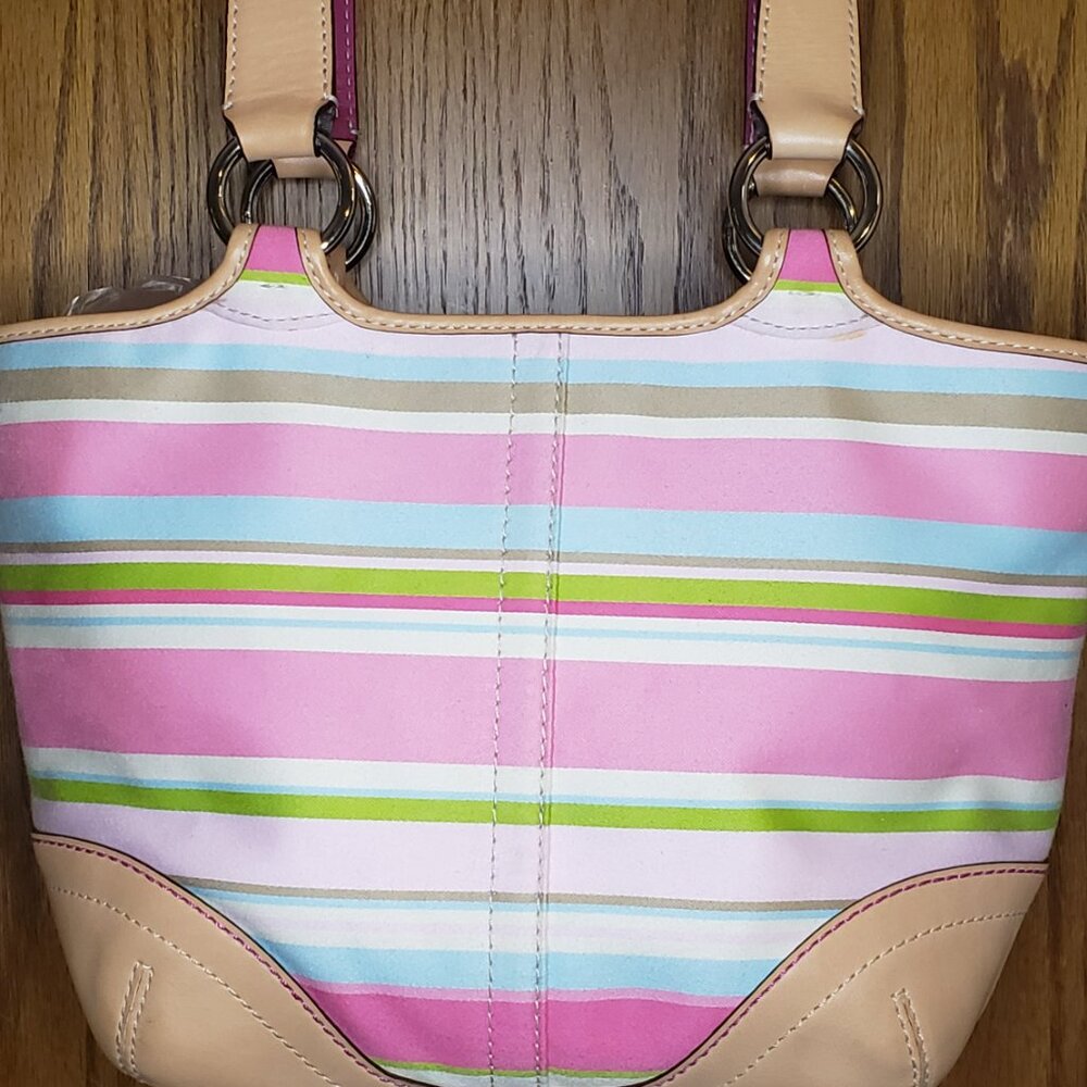 Vintage COACH 1889 Hampton Soho Multi-color Striped Canvas & Leather Buckle Tote - Picture 5 of 13